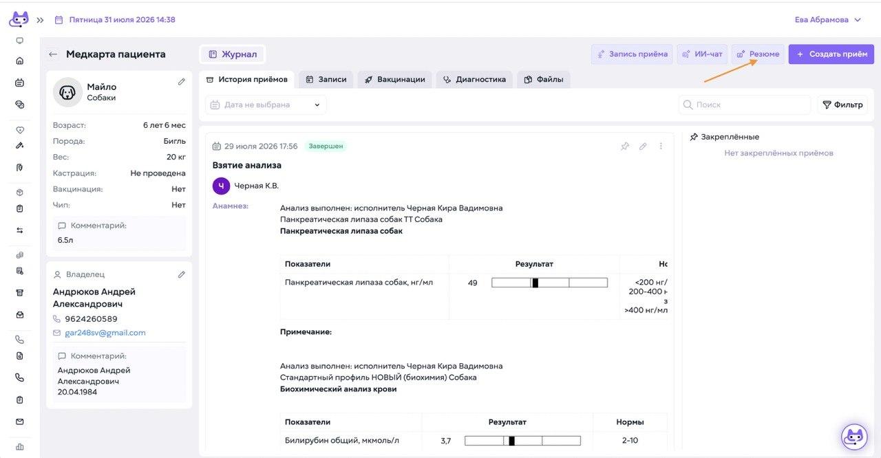 Резюме болезни из медкарты